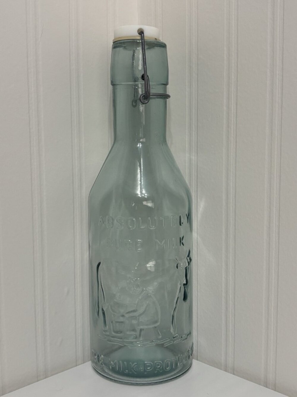 Vintage Absolutely Pure Milk Glass Jug 12” Embossed Cow Bottle w/ Cap Farmhouse